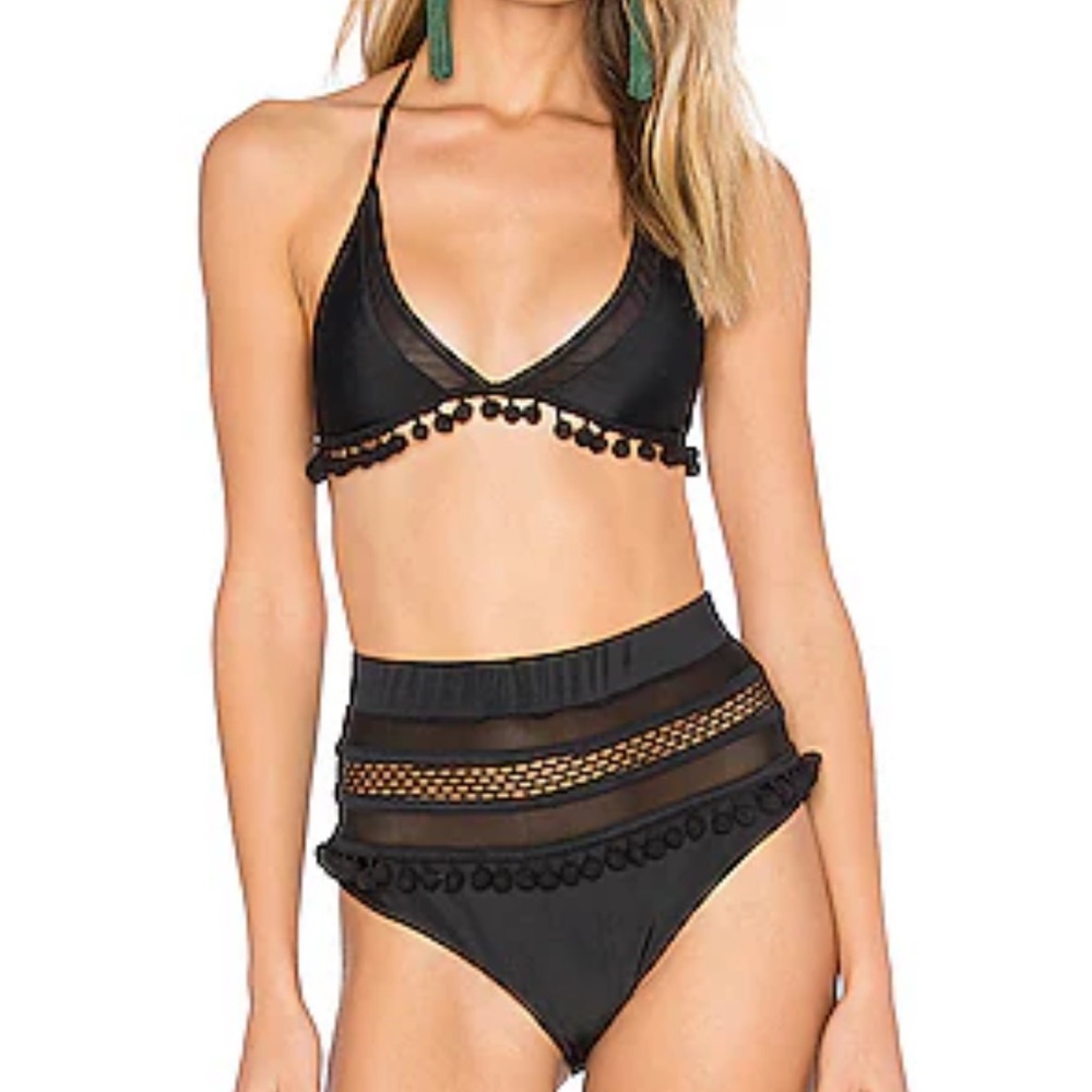 Tularosa Black Mesh Bikini with Pom-Pom Trim